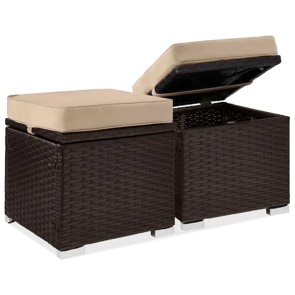 

Set of 2 Wicker Ottomans, Multipurpose Outdoor Furniture for Patio, Backyard, Additional Seating, Footrest, Side Table w Storag