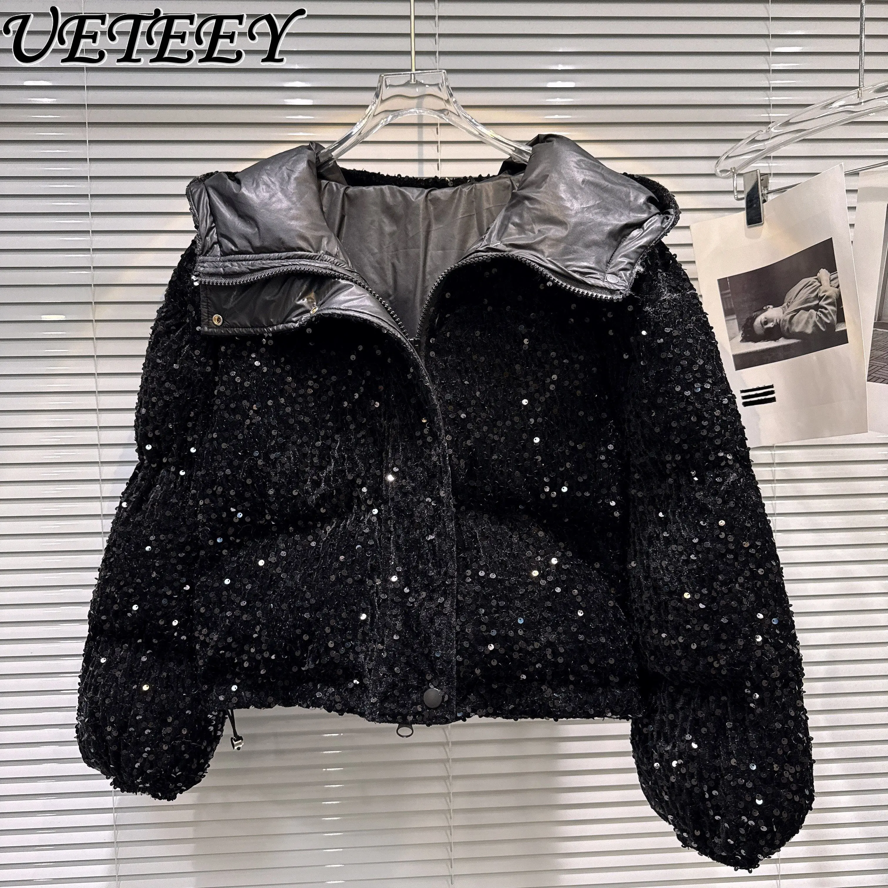 

Winter New Fashionable Hot Girl Shiny Sequin Hooded Cotton Jacket Women Parkas Black Thickened Warm Cotton Coat Puffer Jackets
