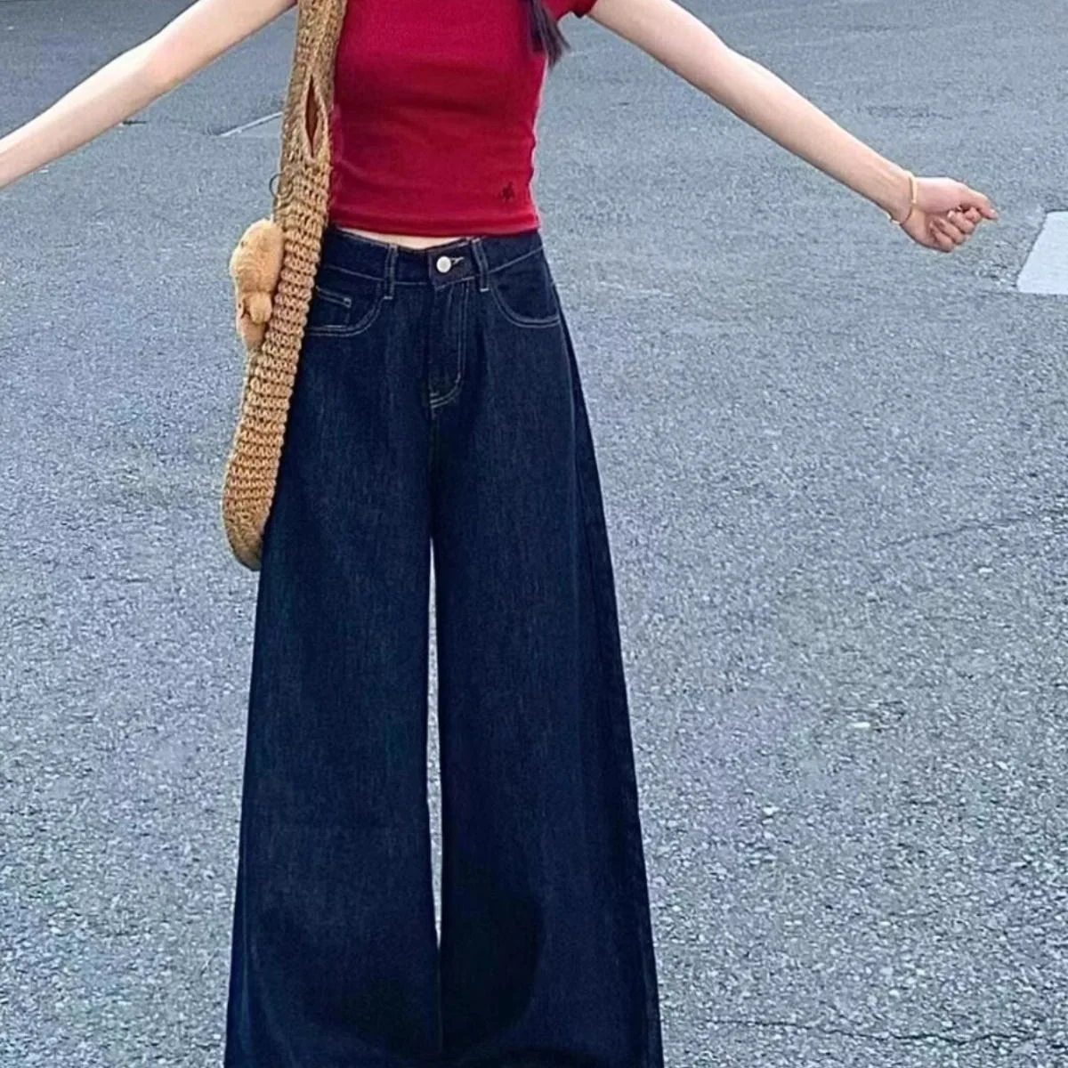 American Deep Blue Wide Leg Jeans Women Summer Thin Loose Slimming Draping Floor-Length Straight Leg Trendy Casual Commute