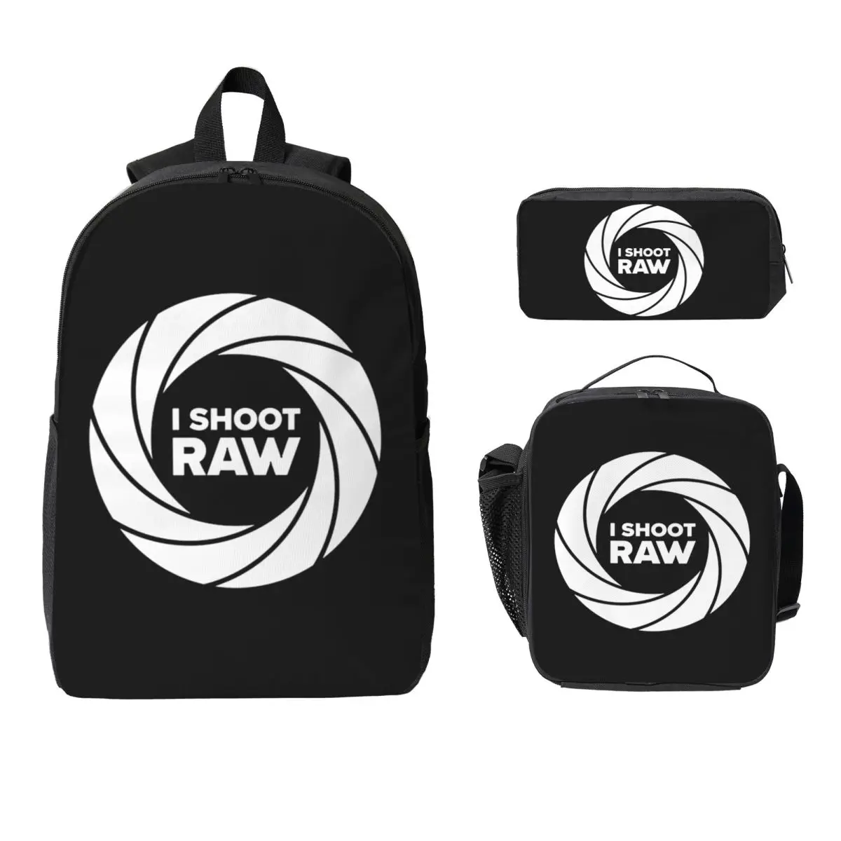I Shoot Raw Backpack Student BookBag School Bag Computer Shoulder Bags 3ps Insulated Lunch Bag Pencil Case