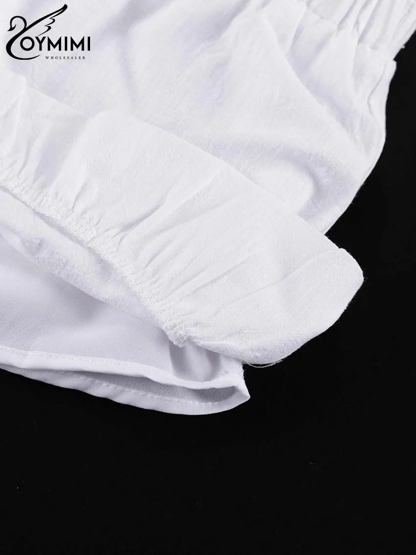 Oymimi Elegant White Cotton 2 Piece Sets Women Outfit Fashion Wrist Sleeve Lace-Up Blouse And High Waist Pleated Shorts Sets