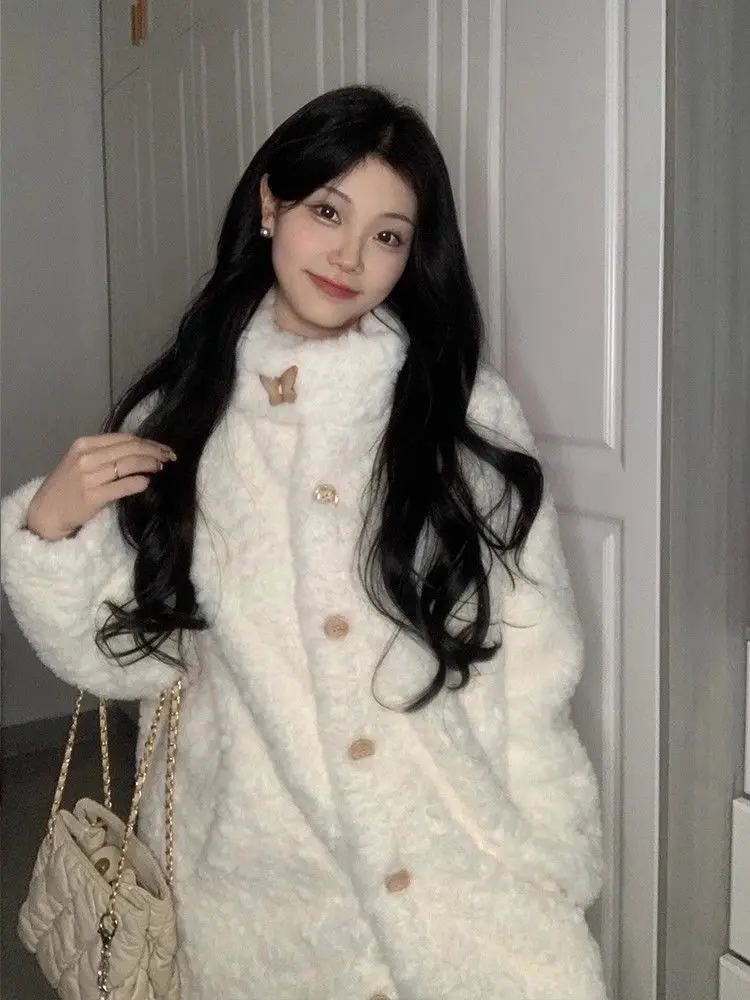 

Женское зимнее теплое пальто из овечьей шерсти средней длины с воротником-стойкой, повседневное, в стиле принцесса