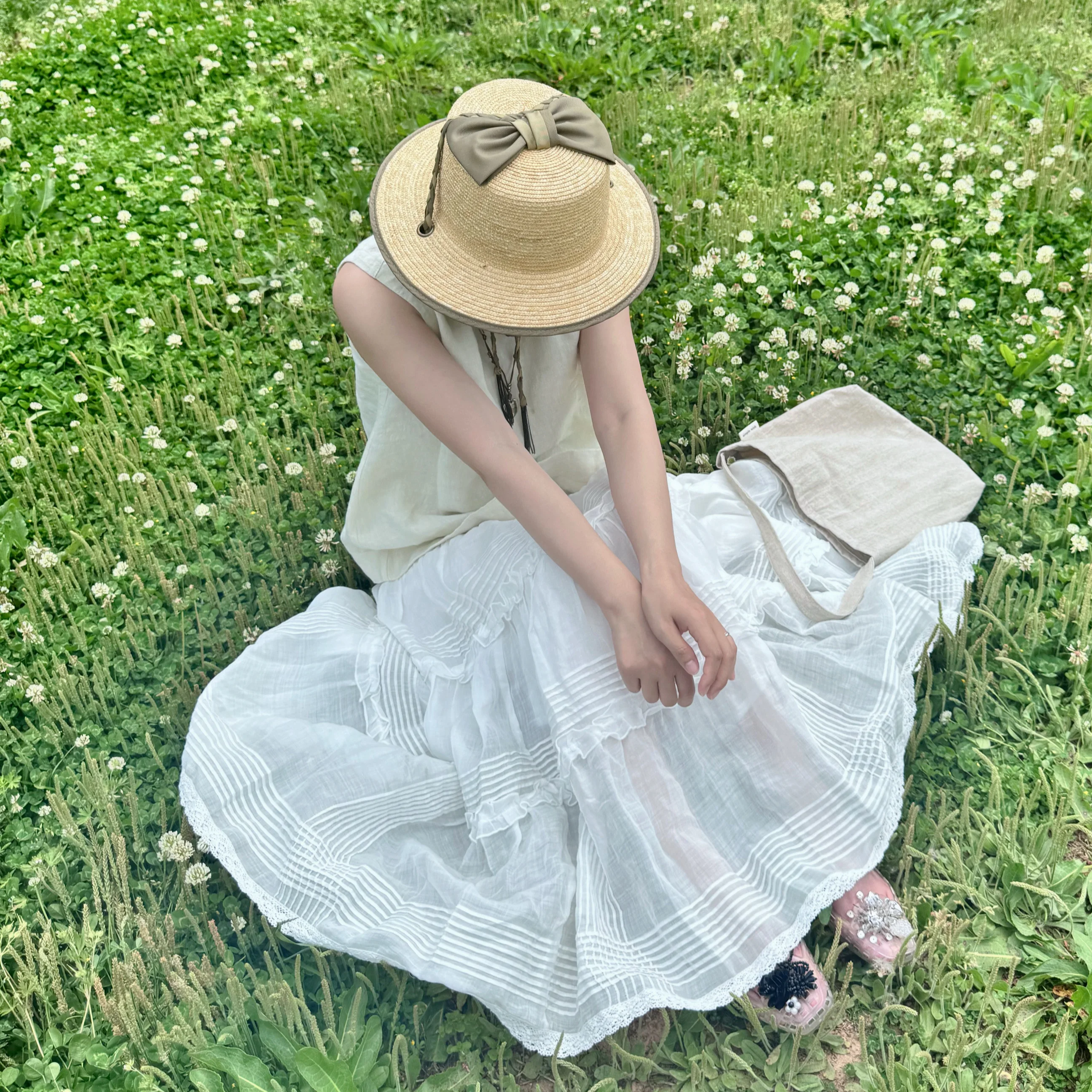 

High Waist A-Line Cake Skirt Linen Material White Color Spring Summer New Arrival Women's Skirts Gauze Pleated Half-length