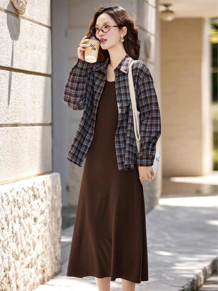 VIMLY femmes deux pièces robe décontracté jarretelle marron robe longue Plaid manches longues col Polo chemises robe ensembles 2025 automne A2890