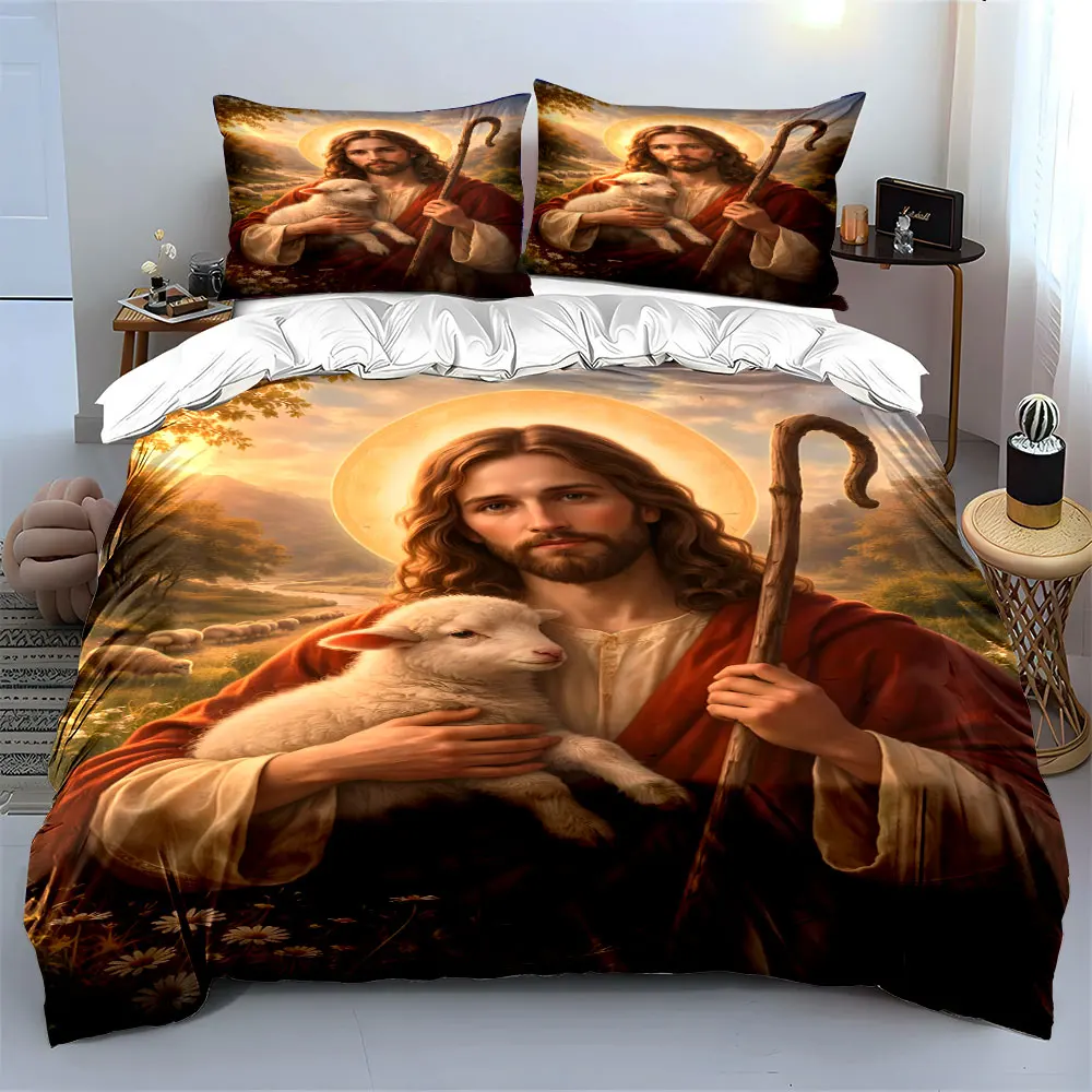 Jesus the Shepherd Theme Print Bedding Set 1 Duvet Cover 2 Pillowcases for Adult and Children Luxury Gift Full Size