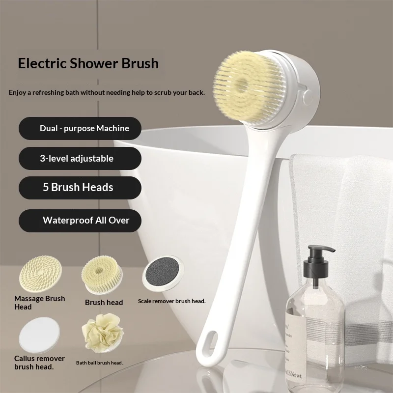 Electric Shower Brush Long Handle,360° Body Scrubber Waterproof,5 Replaceable Heads,Type-C Rechargeable,3 Speed Detachable Bath