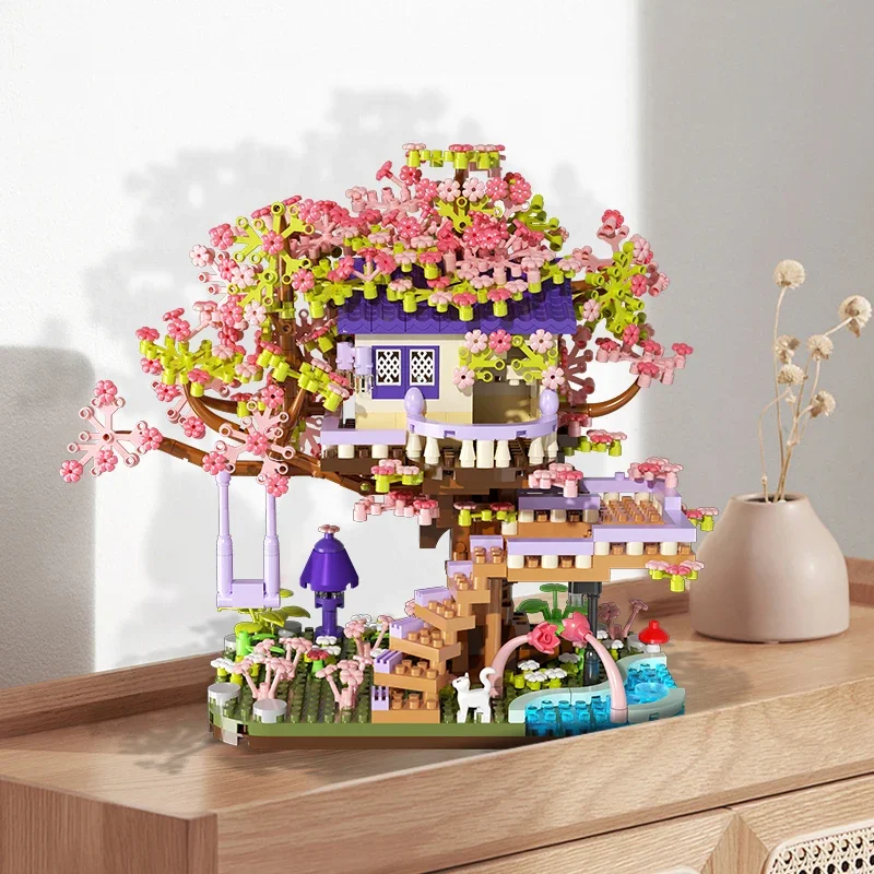 MINI SAKURA Tree House Building Blocks Cherry Blossom ดอกไม้บ้านไม้ DIY ASSEMBLY อิฐของขวัญโรแมนติกสําหรับตกแต่งบ้านหญิง