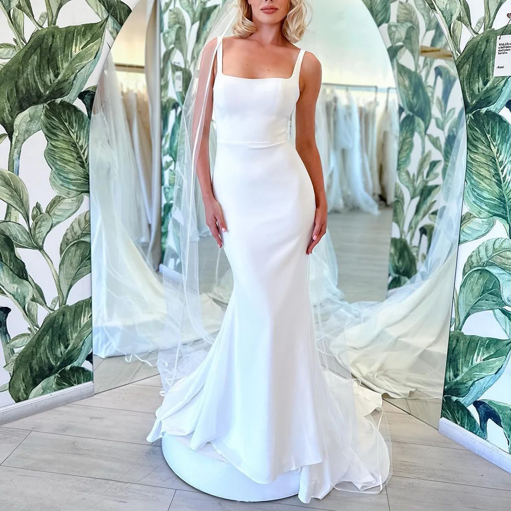 

Mermaid Wedding Dress for Bride Tank Square Collar Backless Beach Wedding Gowns White Sleeveless Court Train Trumpet Bridal Gown