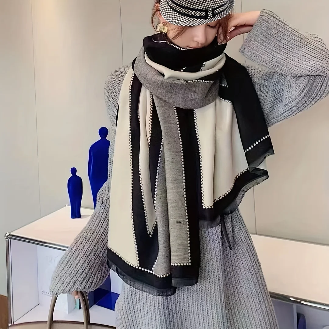 Black White Geometric Plaid Scarf Double Sided Imitation Cashmere Soft Warm Short Beard Large Shawl Winter Coldproof Blanket