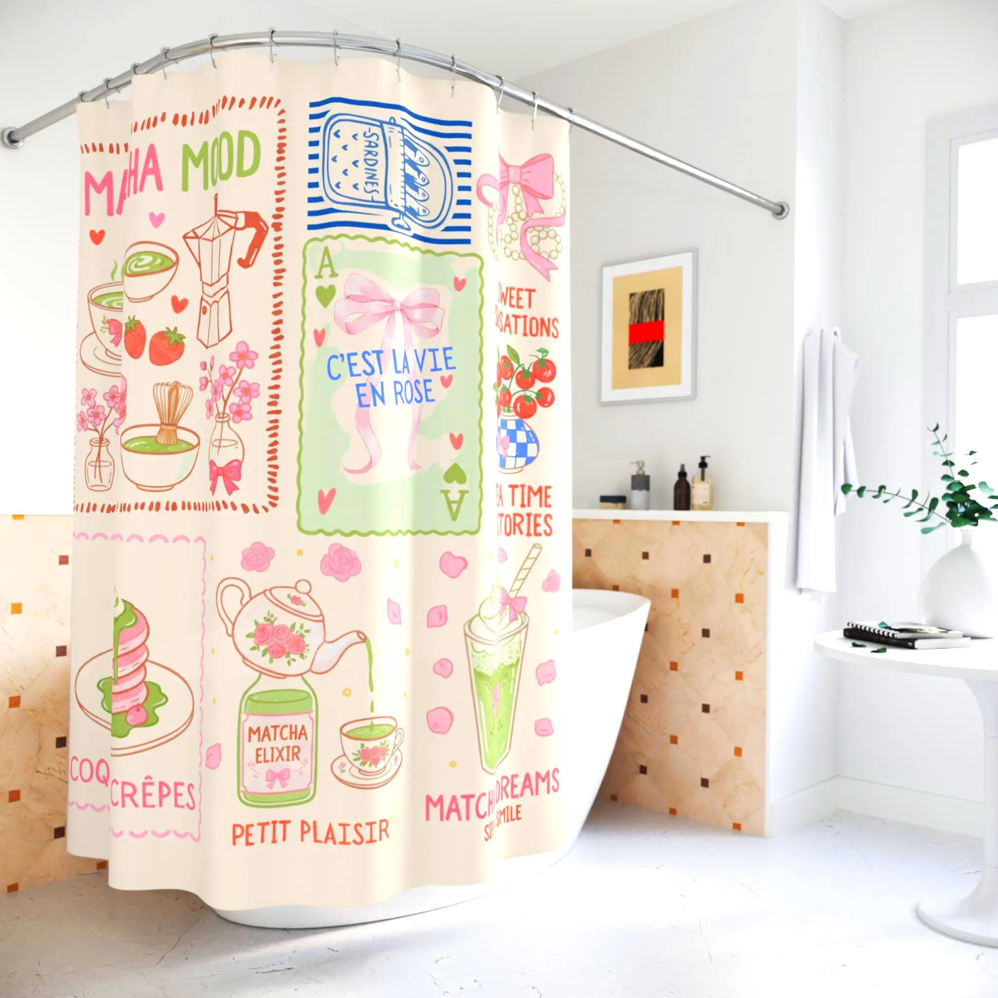 Cute Kawaii Dessert Kitchen Shower Curtain Matcha Crepes Pink Aesthetic Bathroom Decor Shower Curtain