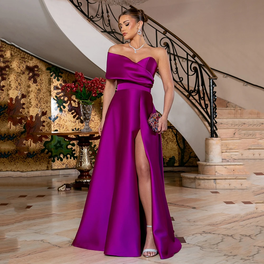 

Msikoods One Shoulder Satin Prom Dresses High Slit Formal Gown Elegant Fuchsia Evening Dress Party Gown for Women Customized