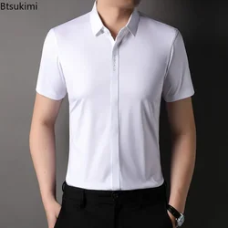 Summer New High-grade Hidden Button Men's Light Luxury Short Sleeve Shirts Men High Elastic Business Anti-wrinkle Ice Silk Shirt