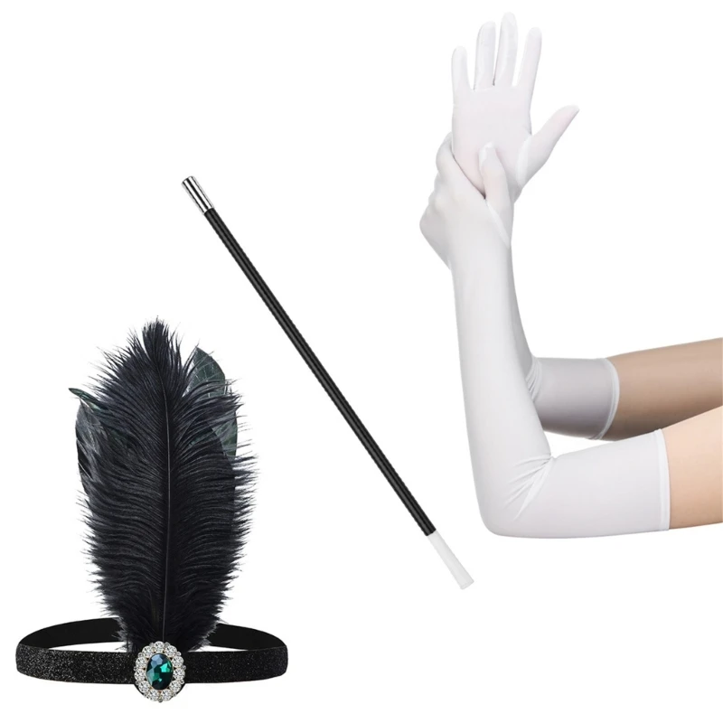 Women Flapper Accessories Gatsby Party Costume Set Feathers Headband Satins Gloves Cigarette Holder Cocktail Party Prom