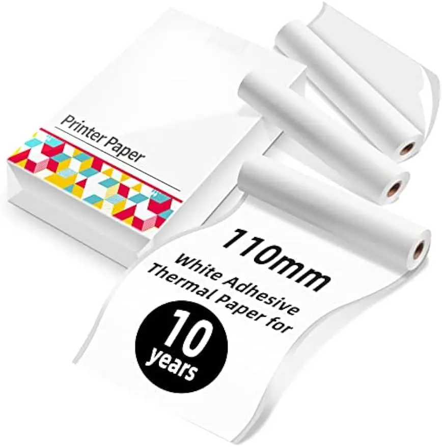 

Phomemo White Glossy Sticker Paper Thermal Paper Printable Adhesive Label Paper for M04S M04AS Printer 107mm x 3.5m, 3 Rolls