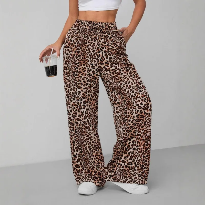 Women's Leopard Print Straight Pants Fashion Versatile Wide Leg Pants Trousers
