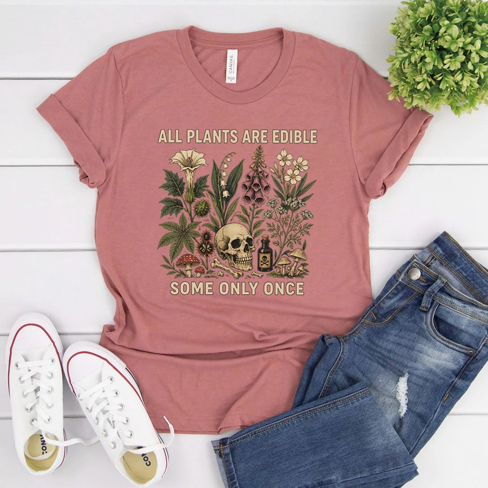 T-Shirt mit Aufschrift „Alle Pflanzen sind essbar, einige nur einmal essbar“, lustiges Garten-T-Shirt, dunkles botanisches Grafik-T-Shirt, Gothic-Shirts für Pflanzenliebhaber, Tops – Detail 12