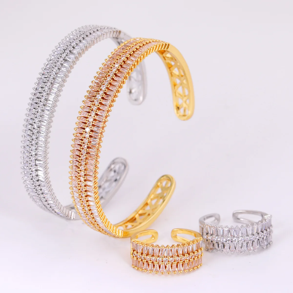 

European and American Style Inlaid Zircon Open Bangles Ring Set 18K Real Gold Plated Luxury Simple Classic Bracelet