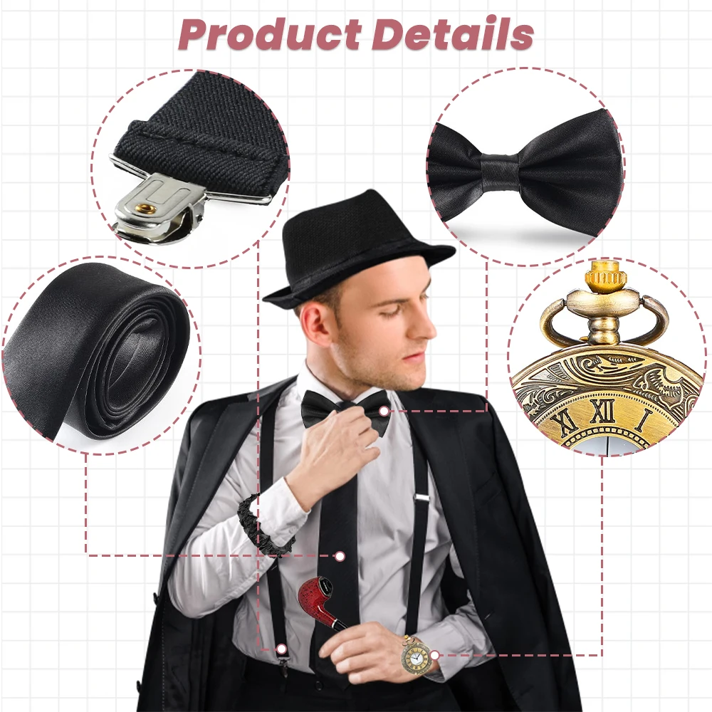 1920s Aksesori kostum pria Set untuk dewasa, berkobar Retro 20s Gatsby Gangster pakaian kostum dengan rompi topi Fedora