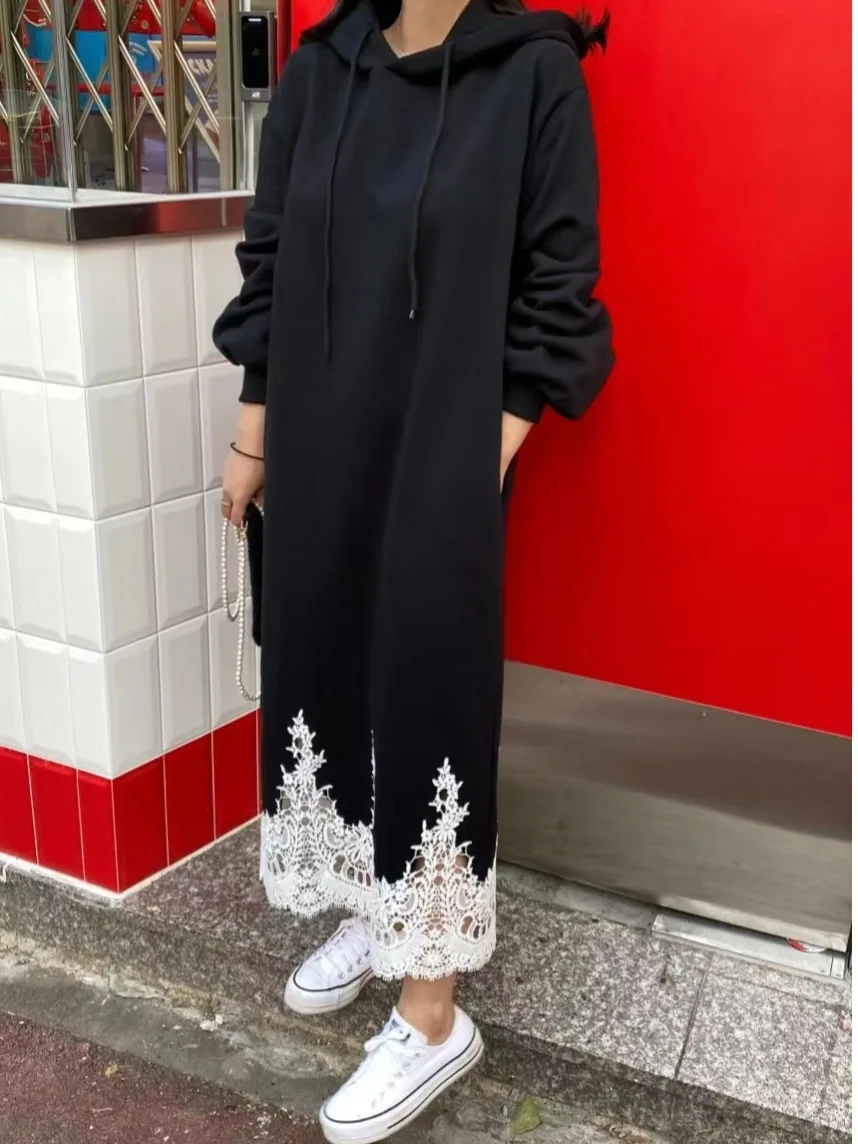 Renda emenda gancho flor moletom Dr feminino solto perna larga saia longa outono inverno novo Sle commute Sle Pure E-com...