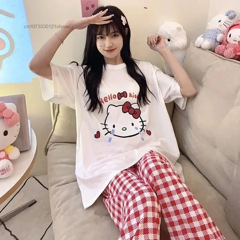 Sanrio Hello Kitty Cartoon Print Women Pajamas Sets Summer Home Female Sleepwear Suit Y2k Sweet Fashion Dormitory Two Piece Sets