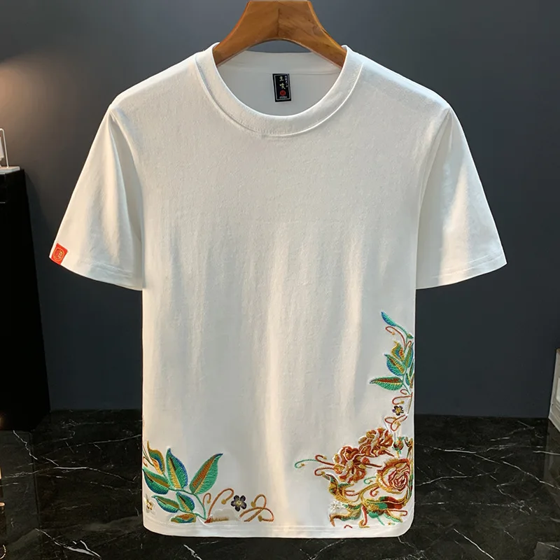 النمط الصيني التطريز الراقية الرجال الصيف تصميم شخصي عارضة أزياء العرقية نمط قصيرة الأكمام تي شيرت
