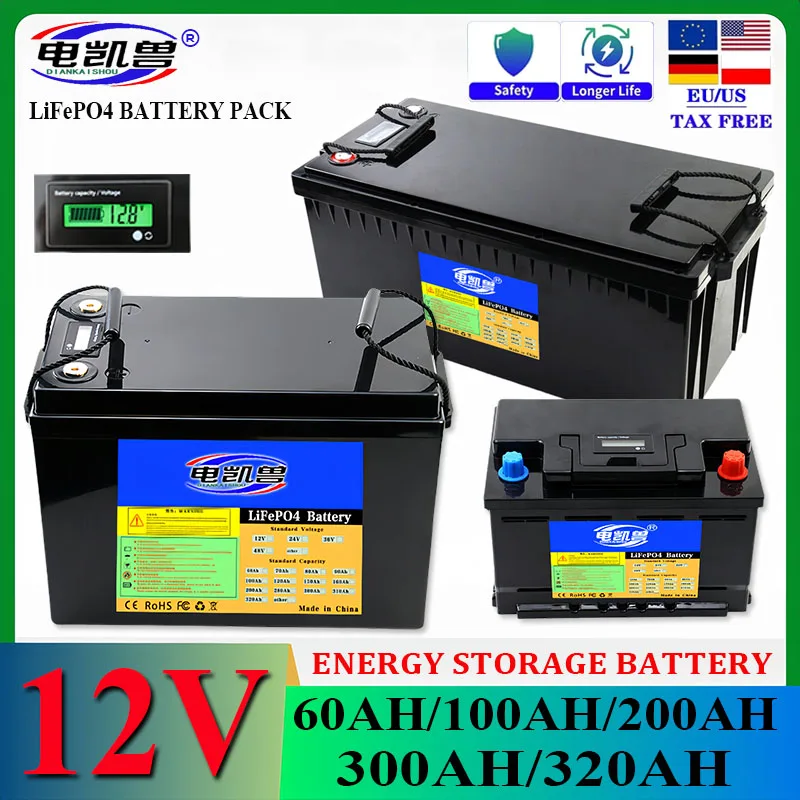 New 12V 60Ah/320Ah/300Ah/200Ah/100Ah Lifepo4 Battery Pack DIY 12V Camper Waterproof Golf Cart Solar Battery Duty-free