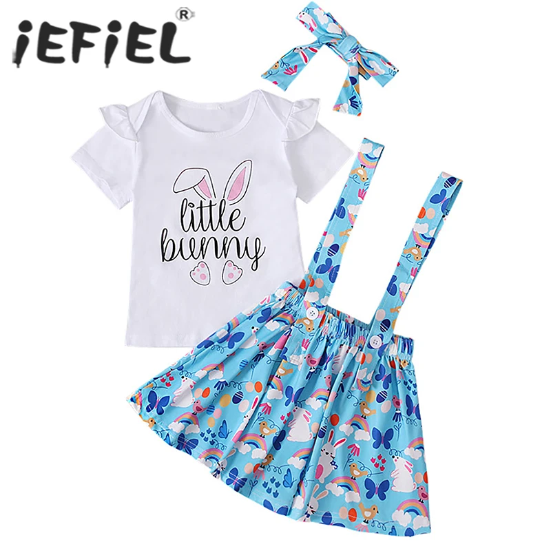 

90-130 New Baby Girls Easter Outfits Short Sleeve Letter Print T-shirt with Cute Animal Print Suspender Skirt and Bow Headband