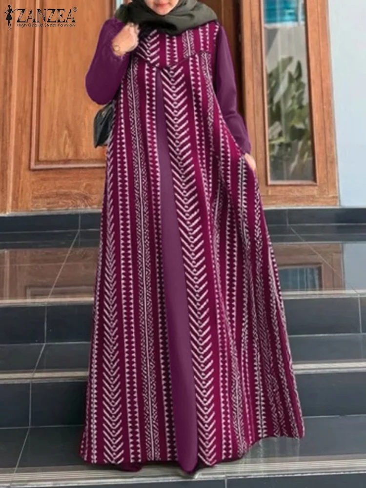 ZANZEA-Robe Maxi en Patchwork Imprimé Ethnique Musulman pour Femme, Hijab Islamique, Col Rond, Manches Lanterne, Abaya Vintage, Robe Longue Educative