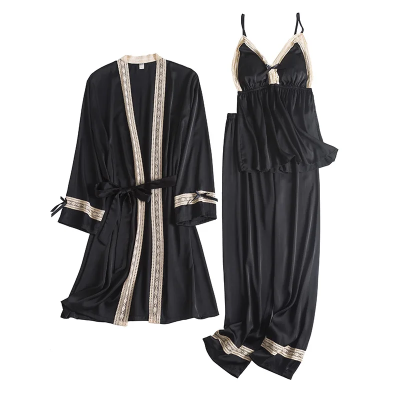 3PCS Pajamas Set Lace Strap Sling Pants Sleep Suit Spring Satin V-Neck Sleepwear Nightwear Sexy Kimono Robe Gown Home Clothes