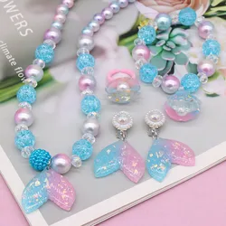 5pcs/set Girl's Romantic Mermaid Jewelry Set, Fishtail Pendant Necklace Shell Charm Bracelet Ear Clips Ring, Gift for Girls