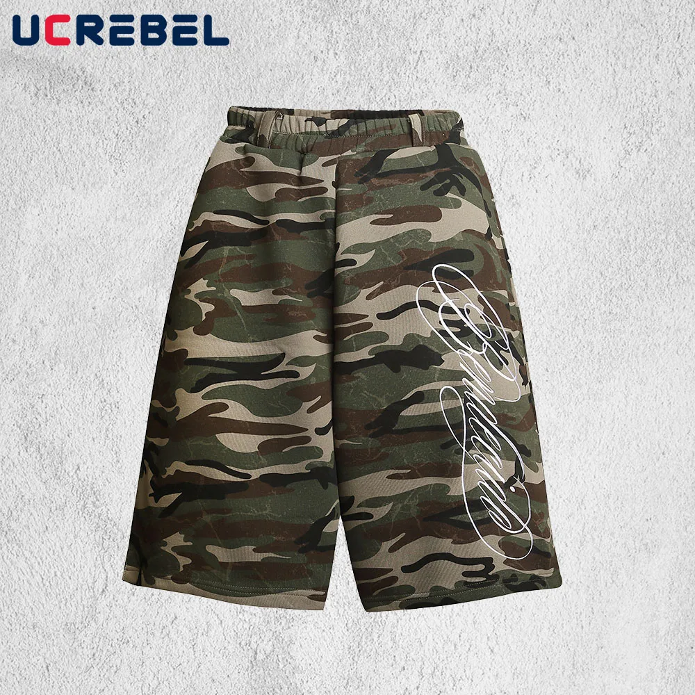 Camouflage Capri Shorts Pants Mens Letter Embroidery Summer Hip Hop Streetwear Elastic Waist Wide Leg Baggy Sweat Shorts Man