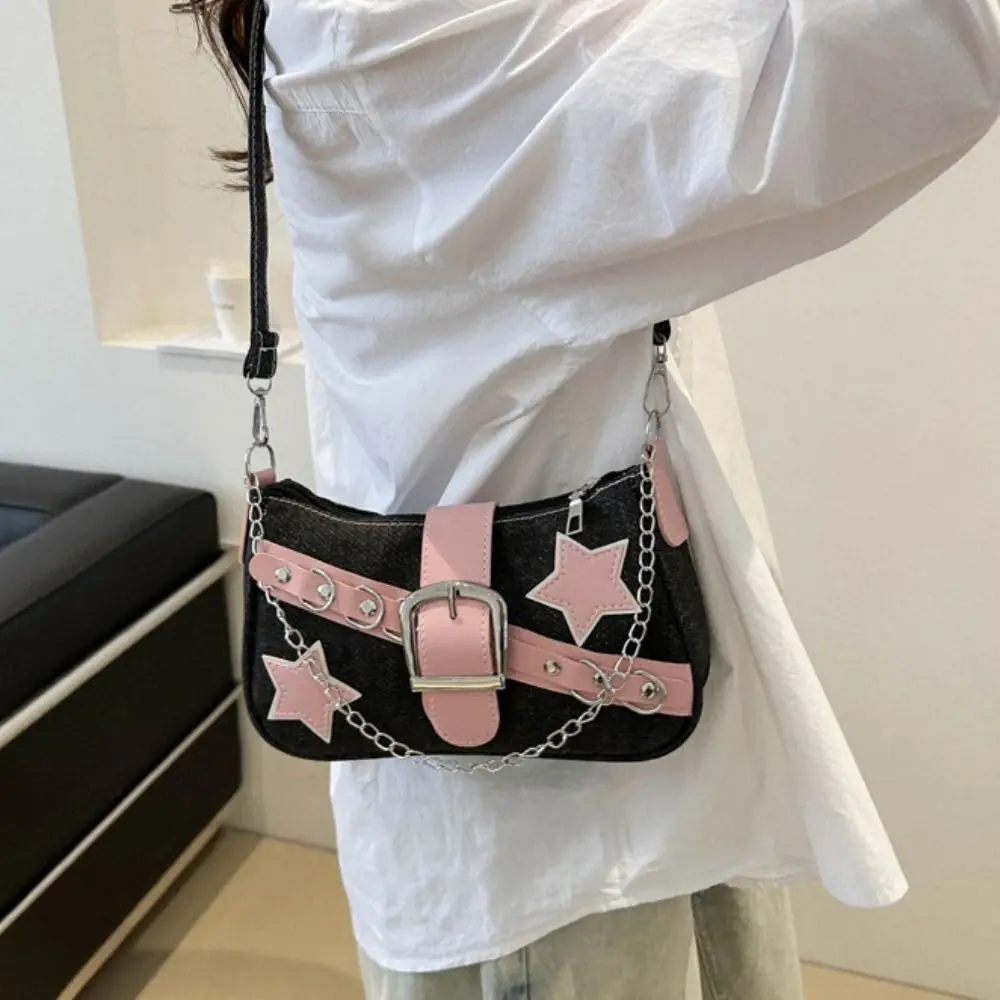 Bolso informal Y2k para mujer, bolsa de mano con estampado de estrellas, bolso de hombro de estilo coreano, bolso de mano de mezclilla con cadena