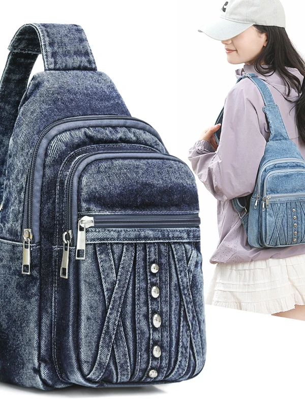 Casual Denim Crossbody Chest Bag Small Women's Bag Multi-Layer Versatile Leisure Single Shoulder Bag Diagonal Bag Fashion 2026