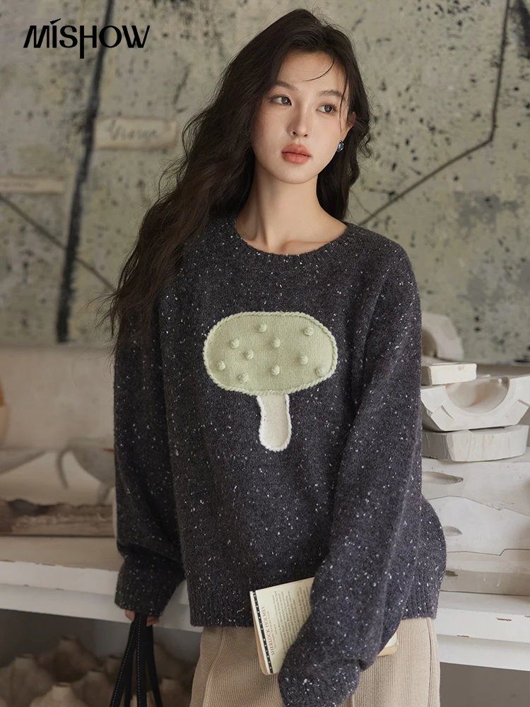 MISHOW Preppy Style Sweater Women 2024 Autumn Winter Sweet Warm O-Neck Cartoon Long Sleeve Knitted Pullovers Tops MXD55Z1032