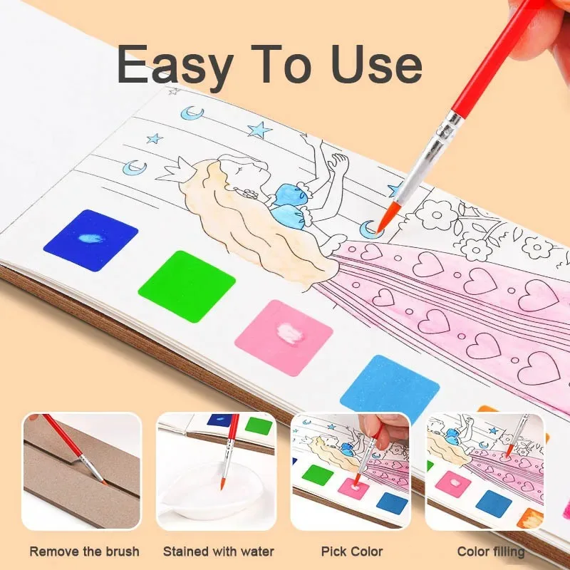 Libro de pintura de acuarela lavable para niños, libro para colorear con pegatinas reutilizables con pinceles, juguete educativo de arte para Aprendizaje Temprano