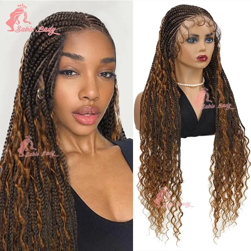 Pelucas rizadas bohemias trenzadas con encaje frontal completo, peluca larga Bob sin nudos, caja trenzada, trenzas sintéticas Locs Goddess aciano, 32 pulgadas