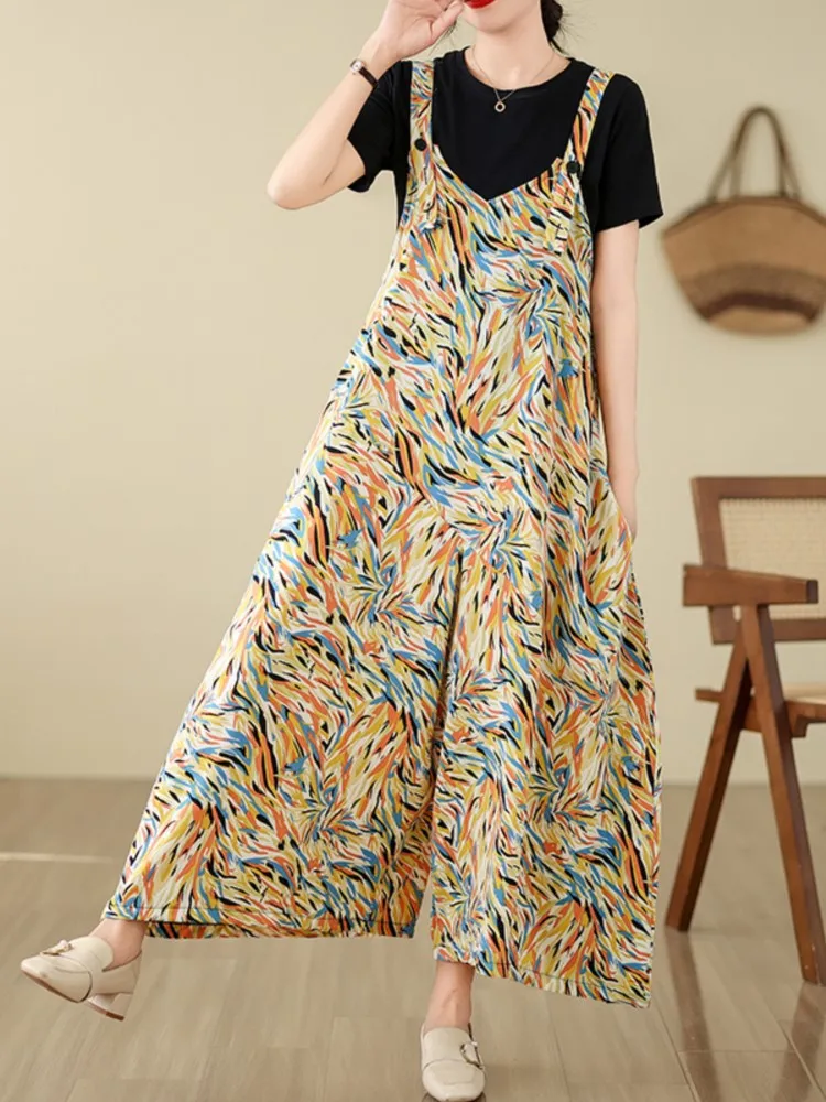 Oversized Summer Floral Print Sleeveless Slip Jumpsuit Women V-Neck Modis Loose Pleated Ladies Jumpsuits Wide Leg Woman Jumpsuit