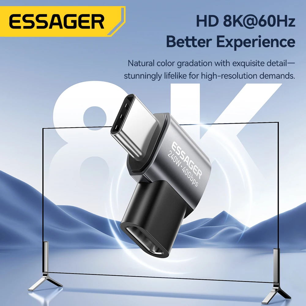 Essager USB4.0 40Gbps OTG Adapter 240W Fast Charging Converter 90 Degree USB Type C Data Adapter For Phone Macbook Laptop 8K60Hz