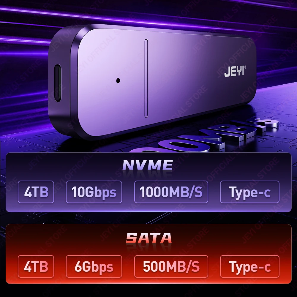 JEYI M.2 SSD（10Gbps）Aluminum Enclosure with NVMe/SATA Dual-Protocol Support | USB 3.2 |Supports 2230/42/60/80 SSDs | UASP+TRIM