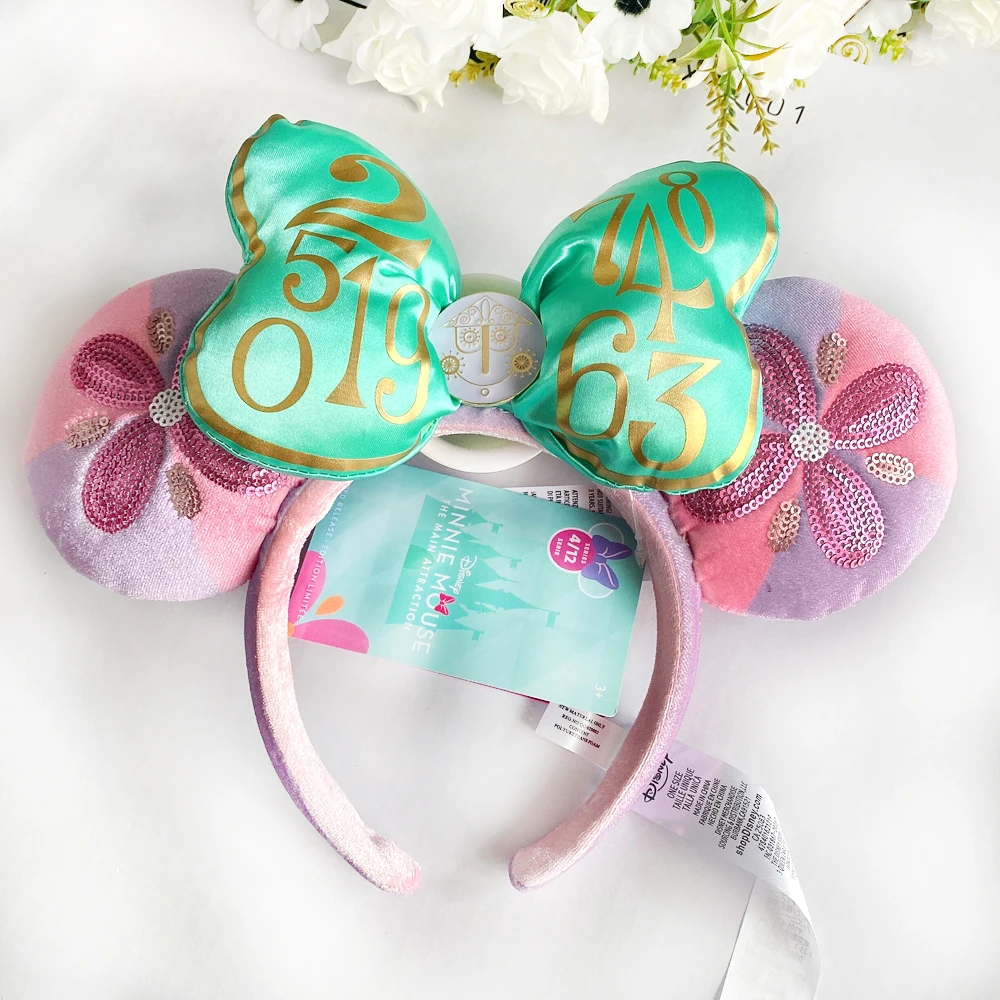 Disney-Bandeau de sauna Minnie Mouse avec oreilles, Space Mountain Lunar 2024, nœud Minnie Mouse, paillettes roses, bande dessinée Anime, coiffure, cadeau