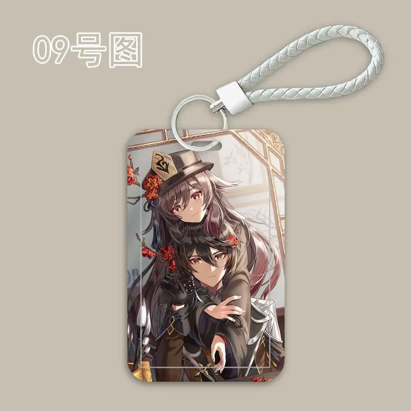مجموعة غطاء بطاقة تأثير Genshin أنيمي ، حامل بطاقة الطالب Hu Tao ، سلسلة مفاتيح كم واقية قابلة للسحب