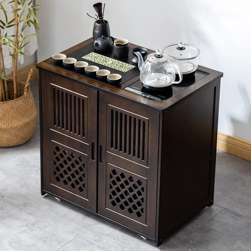 Mobile tea table Tea table Household balcony Solid wood small tea cart Coffee table Kung fu tea set Kettle integrated cabinet