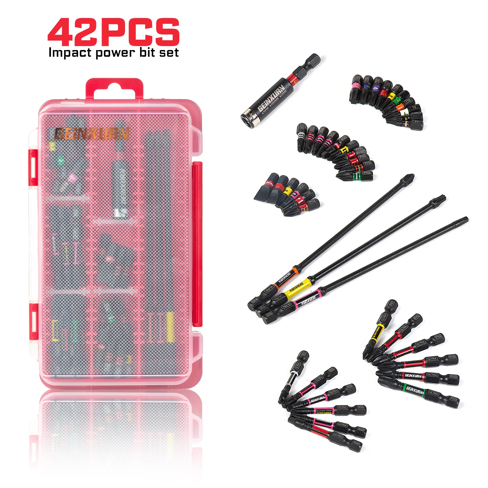Geinxurn 42PCS Impact Ultra torque Screwdriver Bit Set,Magnetic S2 Steel Bits Tips with Impact Bit Holder with Storage Box