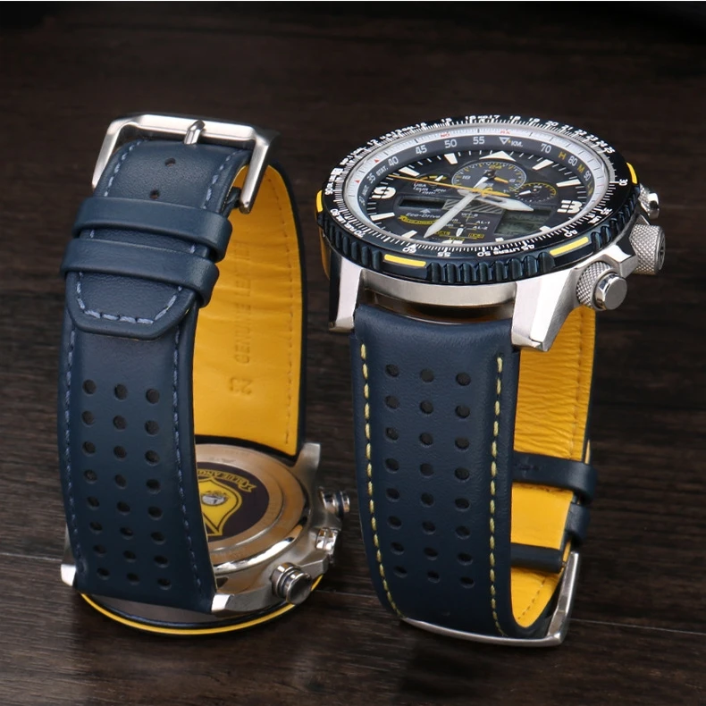 Genuine Leather Watch Band for CITIZEN Blue Angel Men Radio Wave Watch AT8020-54L/8020-03L/JY8078 Curved End Strap 22mm 23mm