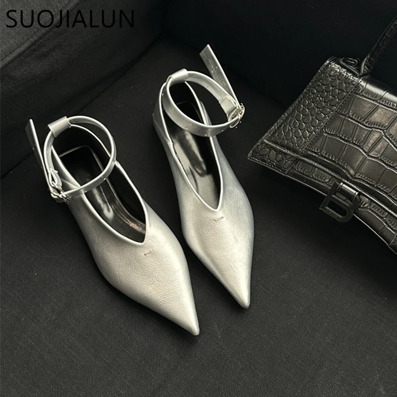 SUOJIALUN 2024 Autumn Women Flat Shoes Fashion Pointed Toe Shallow Ladies Elegant Mary Jane Shoes Soft Flat Heel Dress Boat Shoe