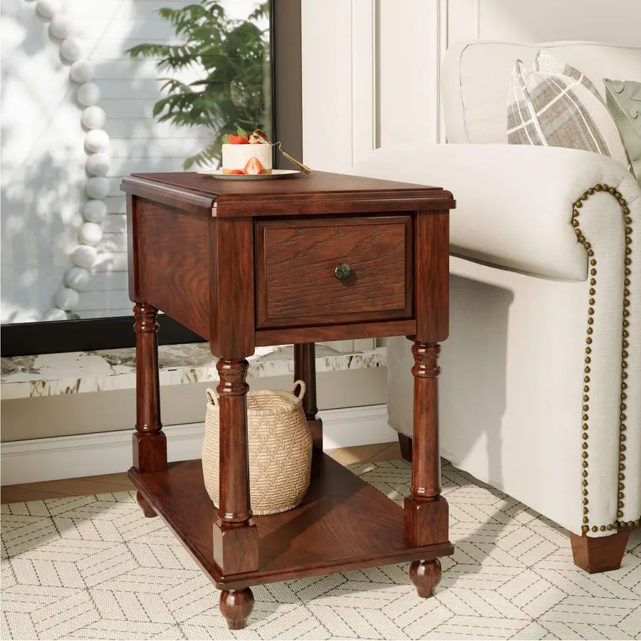 End Table with Drawer and Storage Shelf, Solid Wood Sofa Side Tables for Living Room, Slim Beside Table, Vintage Telephone Table