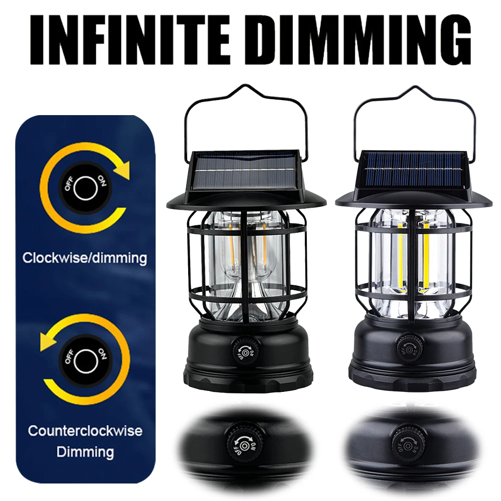 

Solar Powered Outdoor Camping Lantern with Knob Portable Tent Light 1200mAh Hanging Retro Lantern for Hiking Emergency