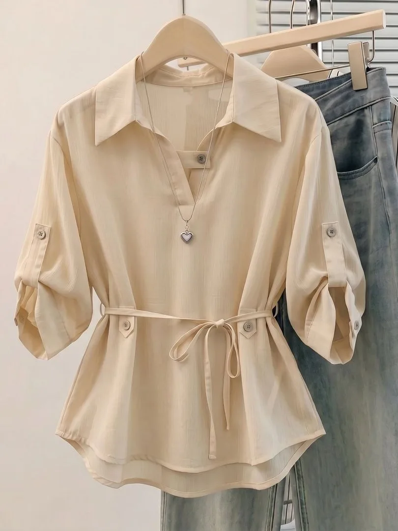 Slim Fit Short Sleeve Shirt Women's Design Sense Shoulder Thin Style Summer plus Size Belly Covering Top Breathable Polyester