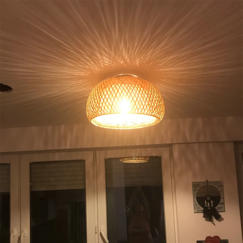 Ręcznie robiony Rattan bambusowy wisiorek LED światła Vintage tkane żyrandole E27 żarówka lampa wisząca restauracji zawieszenie połysk