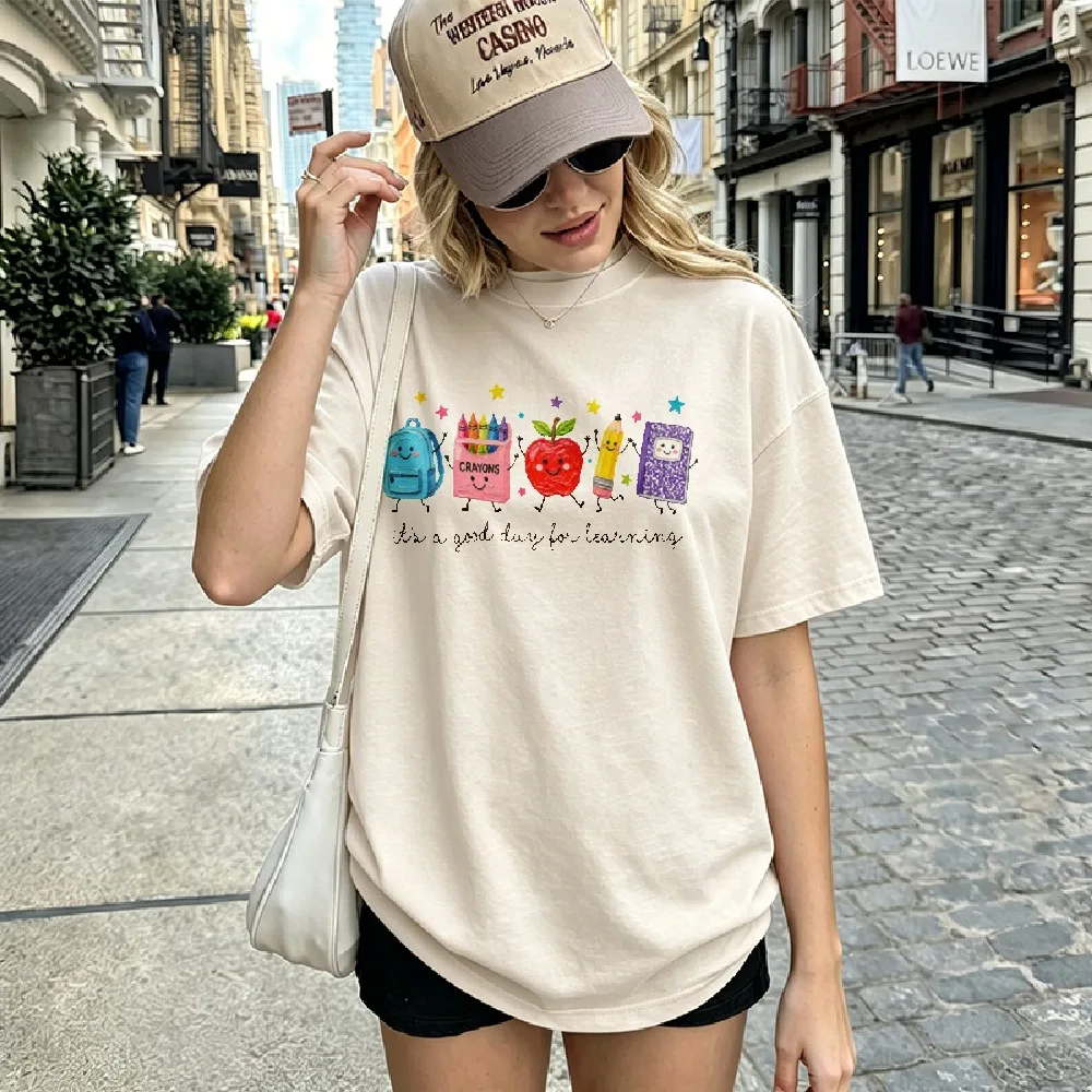 It's A Good Day for Learning Graphic T-shirt Cute School Bag Crayon Apple Pencil Book Cartoon Tees Teacher Back To School Casual